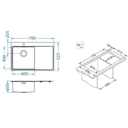 ALVEUS 1149516 - Kuchyňský dřez PURE 79x52,5 cm satin, pravý + sifon s rychlouzávěrem