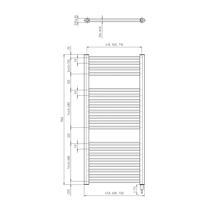 Aqualine - Koupelnový elektrický radiátor DIRECT-E 300W/230V 96 cm matná černá rovné