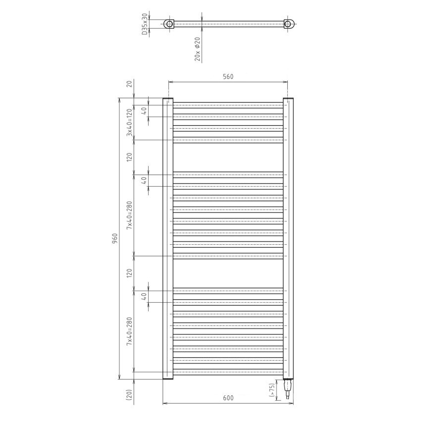 Aqualine - Koupelnový elektrický radiátor DIRECT-E 400W/230V 96 cm bílá rovné