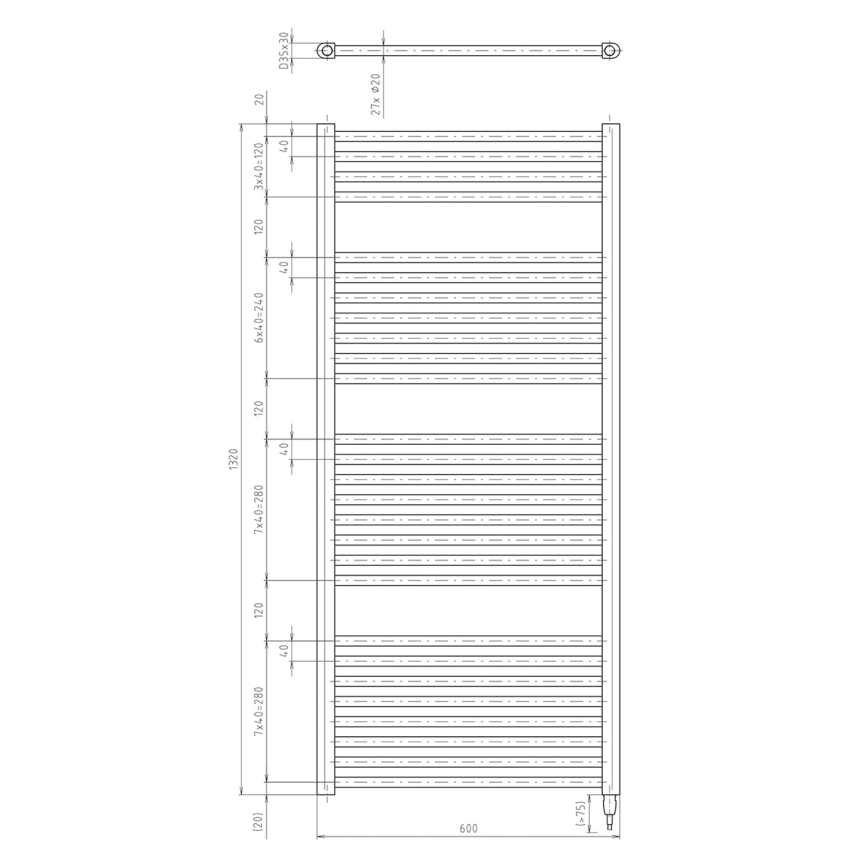 Aqualine - Koupelnový elektrický radiátor DIRECT-E 600W/230V 132 cm matná černá rovné