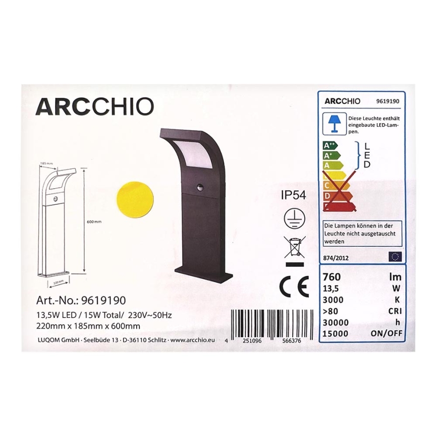 Arcchio - LED Venkovní lampa se senzorem ADVIK LED/13,5W/230V IP54
