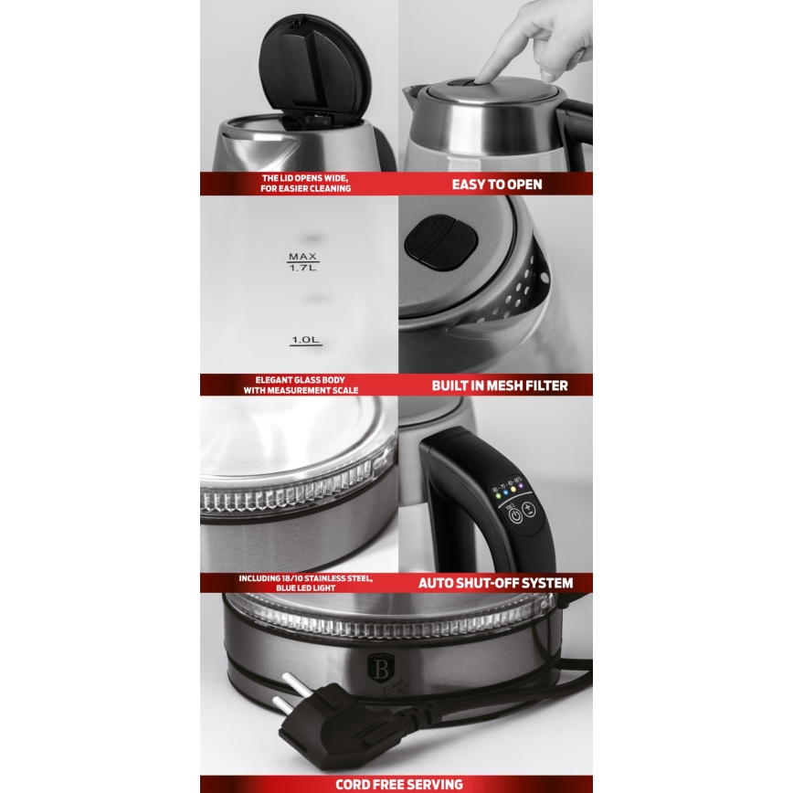 BerlingerHaus -Rychlovarná konvice s termoregulací 1,7 l 2200W/230V nerez/červená