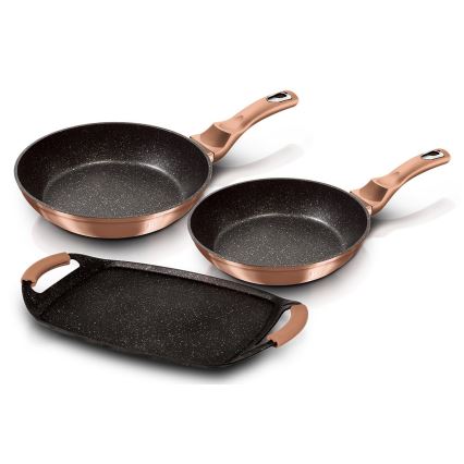 BerlingerHaus- Sada pánví s mramorovým povrchem 2 ks + grilovací deska rose gold