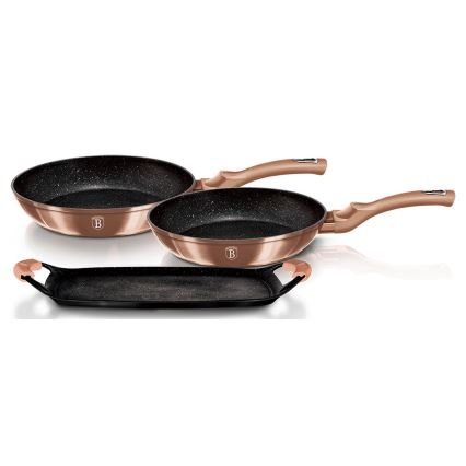 BerlingerHaus- Sada pánví s mramorovým povrchem 2 ks + grilovací deska rose gold