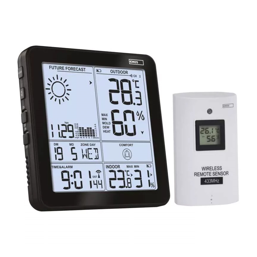 Bezdrátová meteostanice s budíkem 3xAA + 2xAAA černá