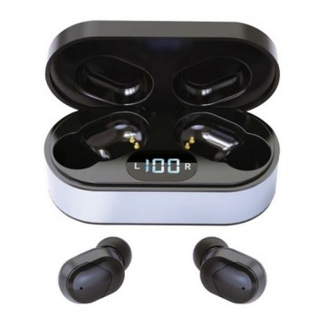 Bezdrátová sluchátka SPORT  Bluetooth V5.0 + LED nabíjecí stanice černá 300 mAh + 2x  40 mAh