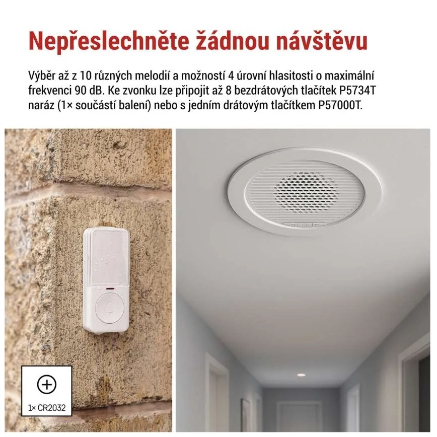 Bezdrátový zvonek vestavný 230V + 1xCR2032 bílá