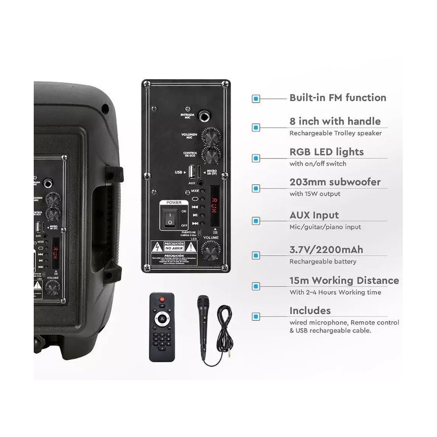 Bluetooth přenosný reproduktor s mikrofonem 15W/3,7V LED RGB + DO