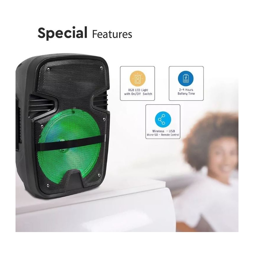 Bluetooth přenosný reproduktor s mikrofonem 15W/3,7V LED RGB + DO