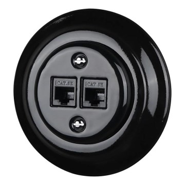 Bohemia-Design - Porcelánová retro ethernetová zásuvka s rámečkem 2xCAT.5E černá