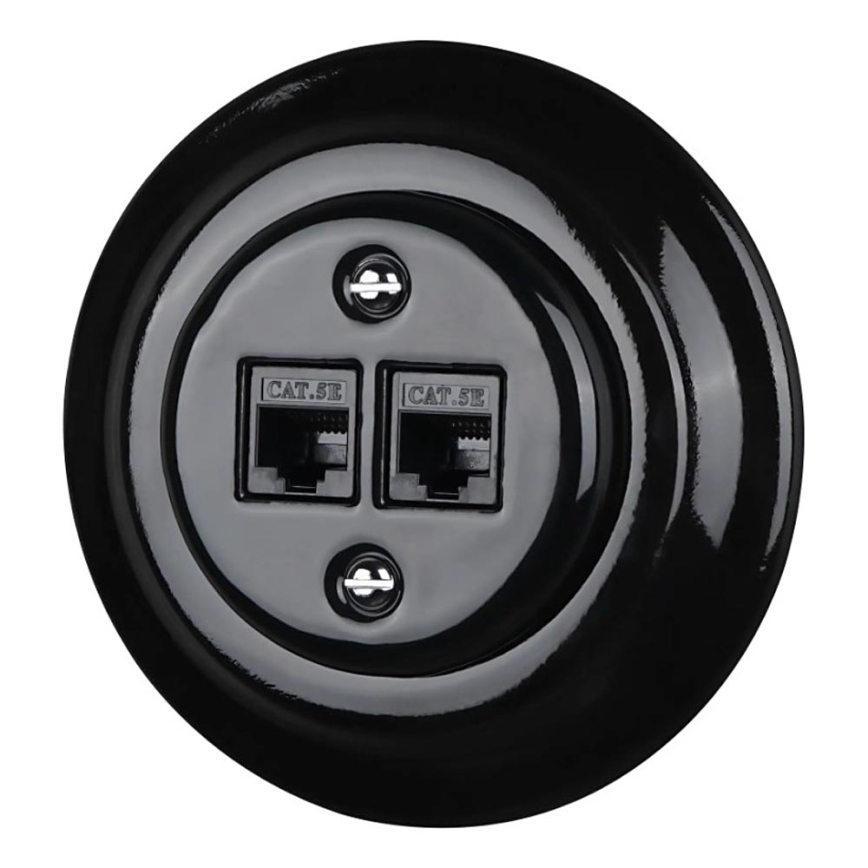 Bohemia-Design - Porcelánová retro ethernetová zásuvka s rámečkem 2xCAT.5E černá