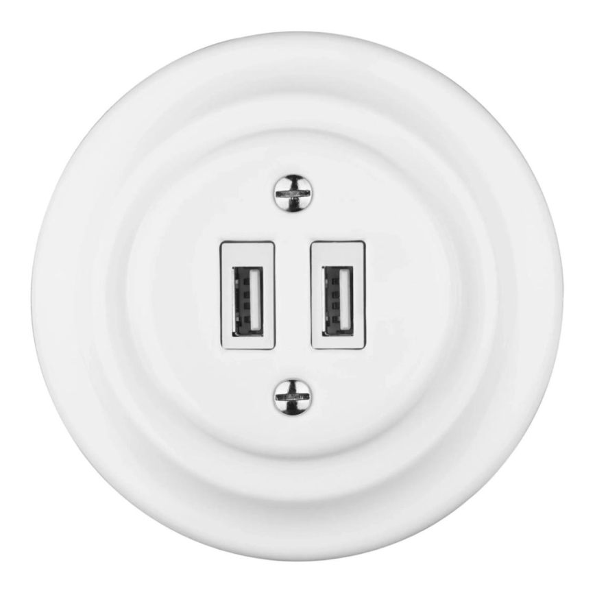 Bohemia-Design - Porcelánová retro USB napájecí zásuvka s rámečkem 2x USB-A bílá