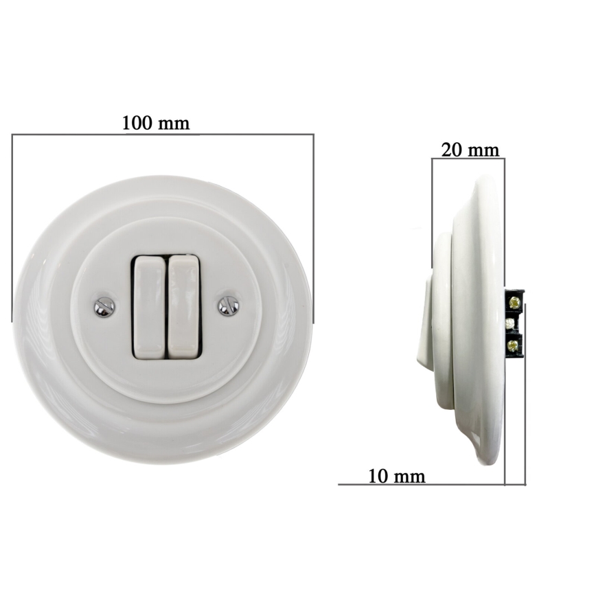 Bohemia-Design - Porcelánový retro dvojitý vypínač s rámečkem č. 5 bílá