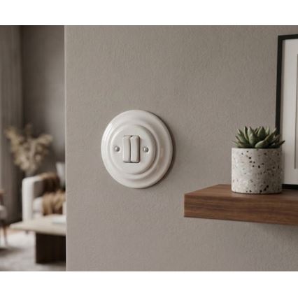 Bohemia-Design - Porcelánový retro dvojitý vypínač s rámečkem č. 5 bílá