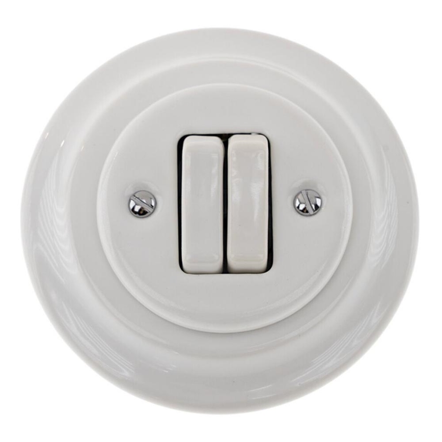 Bohemia-Design - Porcelánový retro dvojitý vypínač s rámečkem č. 6+6 bílá