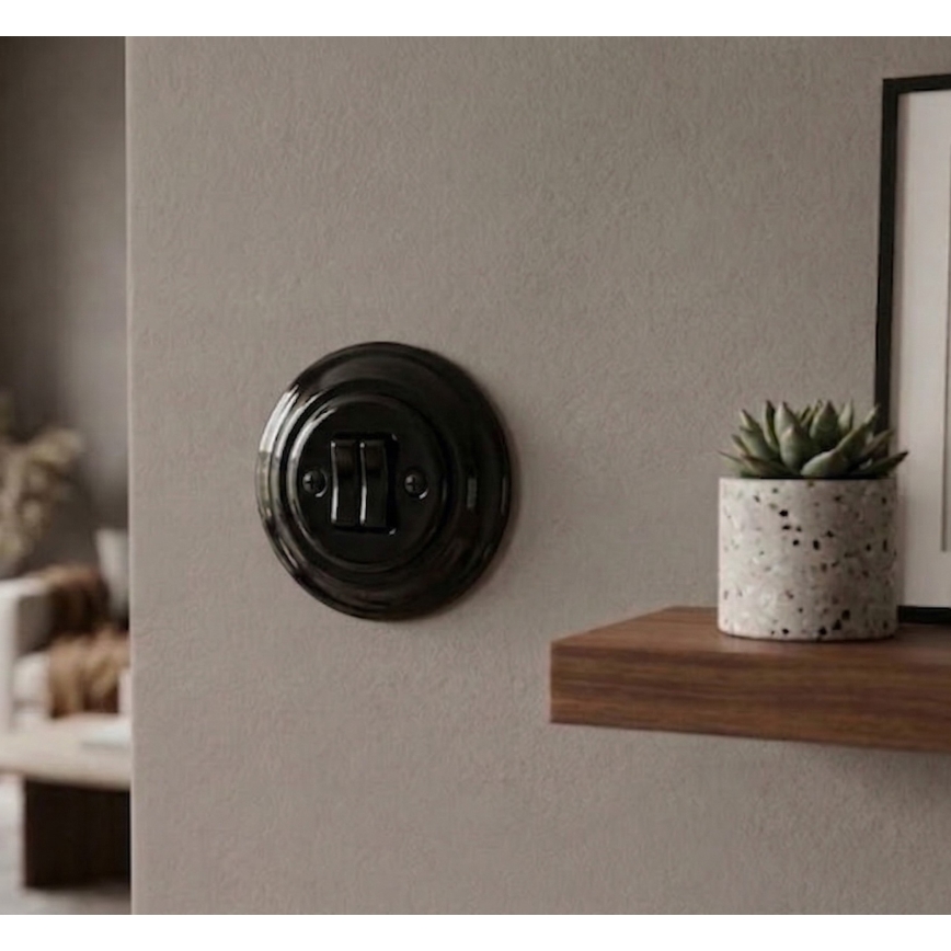 Bohemia-Design - Porcelánový retro dvojitý vypínač s rámečkem č. 6+6 černá