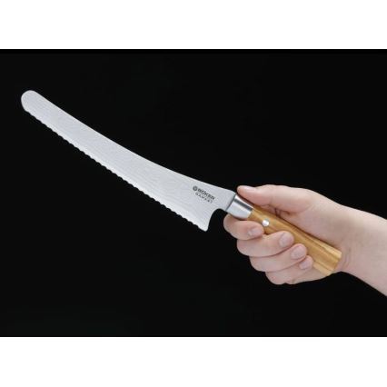 Böker - Damaškový kuchyňský nůž na pečivo DAMAST OLIVE 23,5 cm olivové dřevo