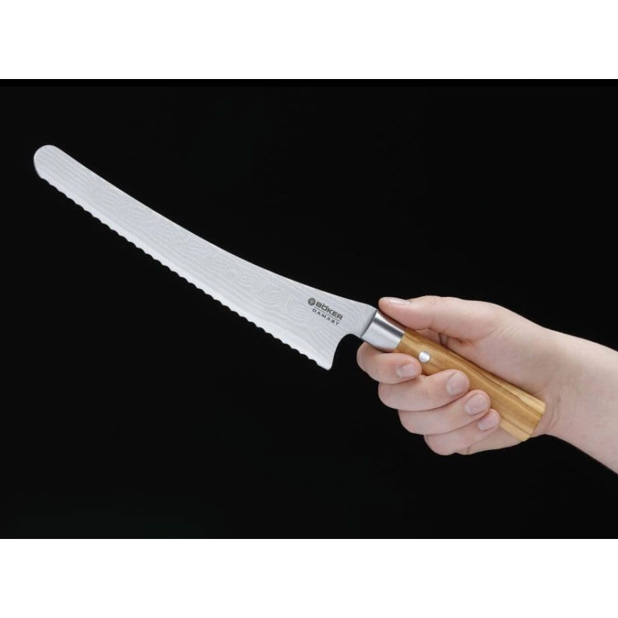 Böker - Damaškový kuchyňský nůž na pečivo DAMAST OLIVE 23,5 cm olivové dřevo