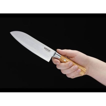 Böker - Damaškový kuchyňský nůž santoku DAMAST OLIVE 17,2 cm olivové dřevo