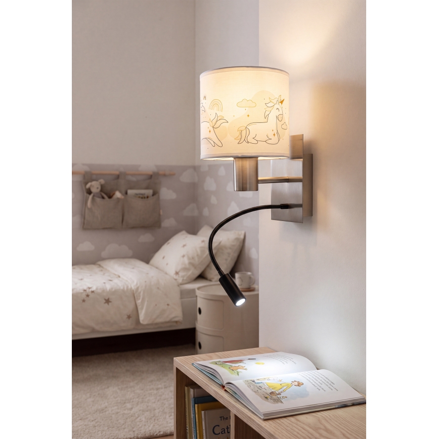 Brilagi - LED Dětská flexibilní nástěnná lampa BOBO 1xE27/25W/230V + LED/3W matný chrom/bílá/jednorožci