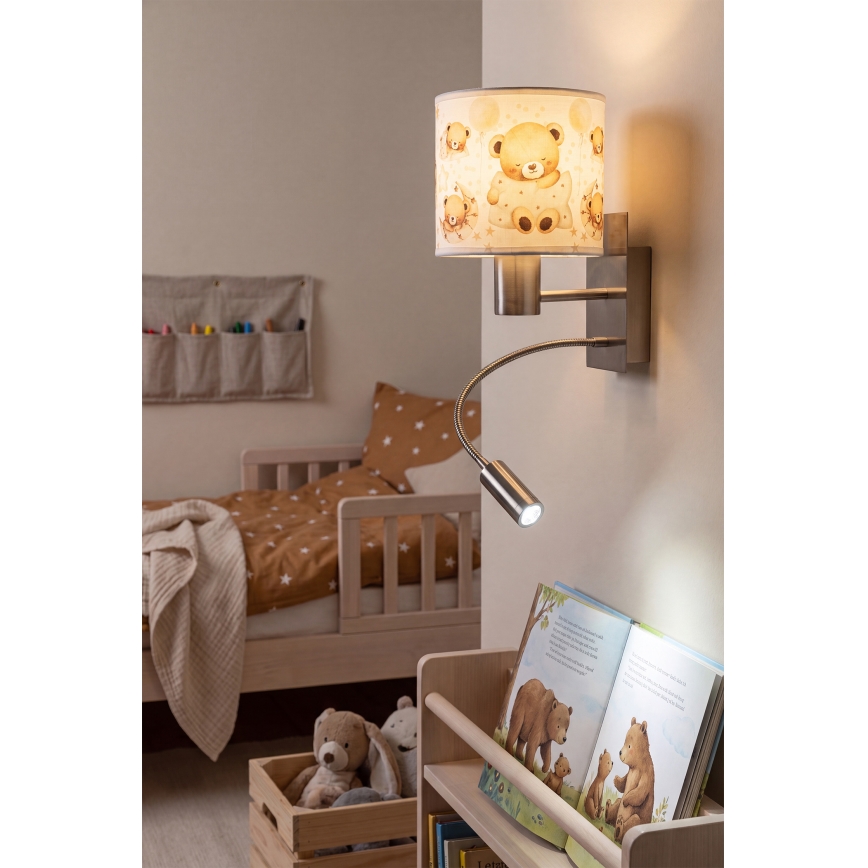 Brilagi - LED Dětská flexibilní nástěnná lampa BOBO 1xE27/25W/230V + LED/3W matný chrom/bílá/medvídci