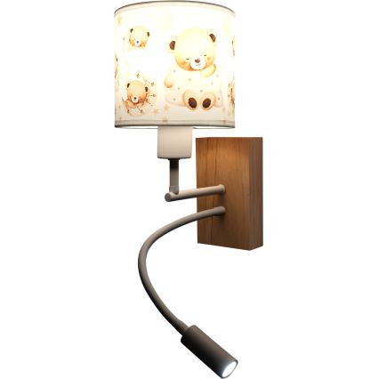Brilagi - LED Dětská flexibilní nástěnná lampa BOBO WOOD 1xE27/25W/230V + LED/3W dub/bílá/medvídci