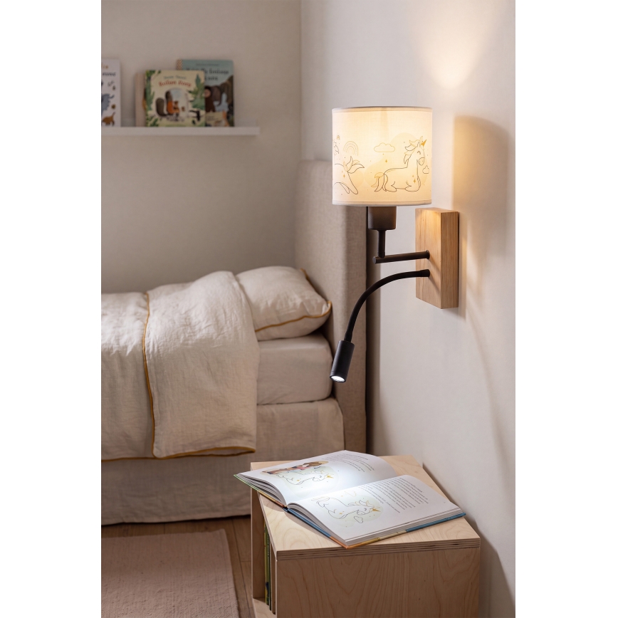 Brilagi - LED Dětská flexibilní nástěnná lampa BOBO WOOD 1xE27/25W/230V + LED/3W dub/černá/bílá/jednorožci