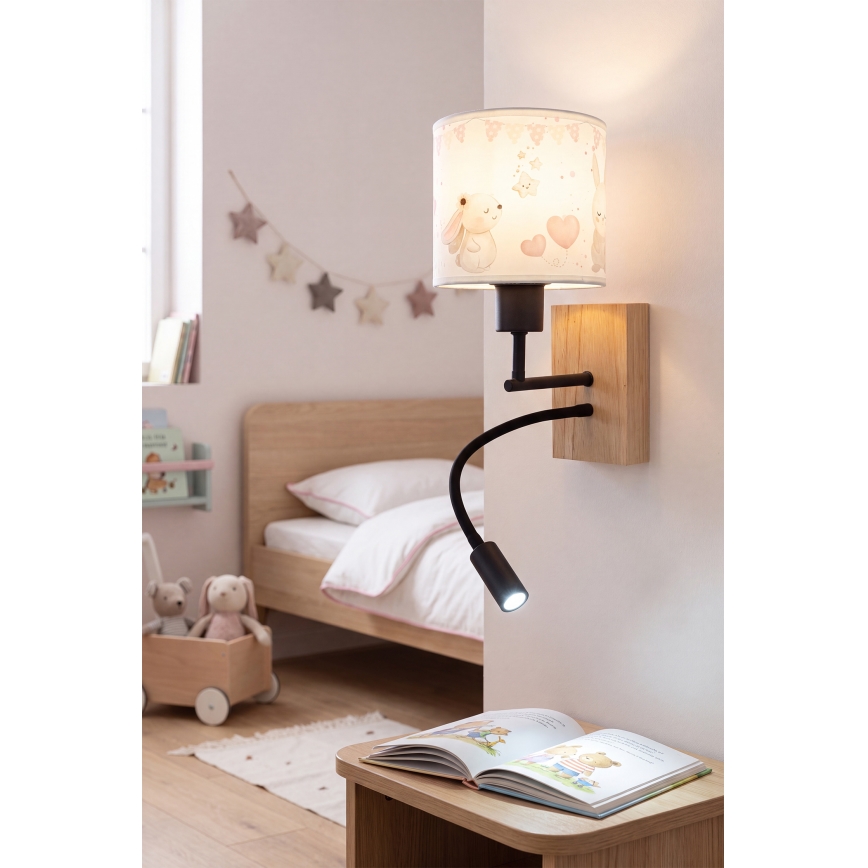Brilagi - LED Dětská flexibilní nástěnná lampa BOBO WOOD 1xE27/25W/230V + LED/3W dub/černá/krémová/králíčci
