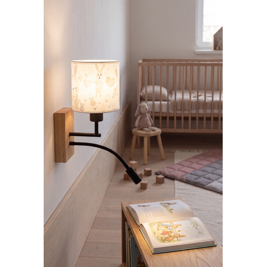 Brilagi - LED Dětská flexibilní nástěnná lampa BOBO WOOD 1xE27/25W/230V + LED/3W dub/černá/bílá/králíčci