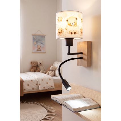 Brilagi - LED Dětská flexibilní nástěnná lampa BOBO WOOD 1xE27/25W/230V + LED/3W dub/černá/bílá/medvídci