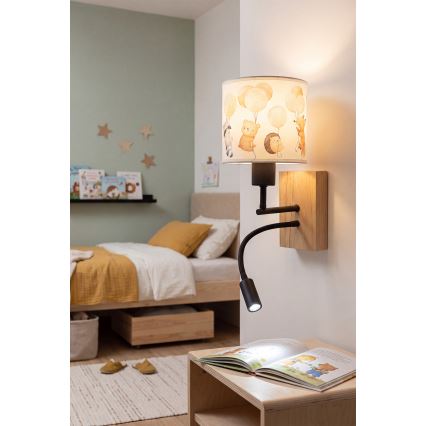Brilagi - LED Dětská flexibilní nástěnná lampa BOBO WOOD 1xE27/25W/230V + LED/3W dub/černá/bílá/zvířátka