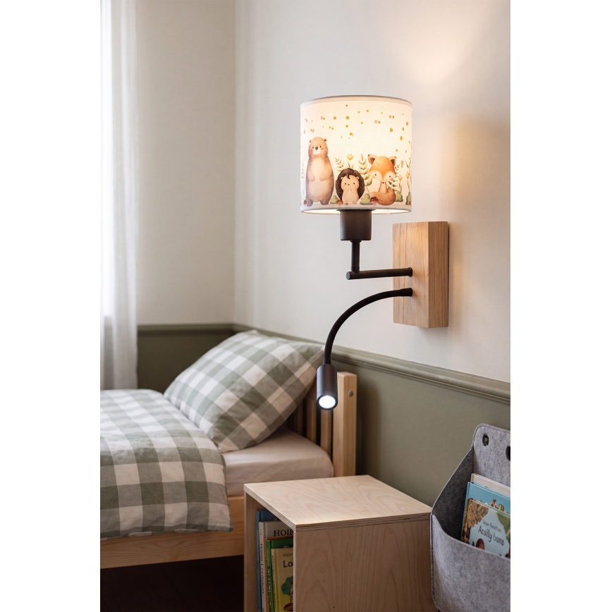 Brilagi - LED Dětská flexibilní nástěnná lampa BOBO WOOD 1xE27/25W/230V + LED/3W dub/černá/bílá/zvířátka