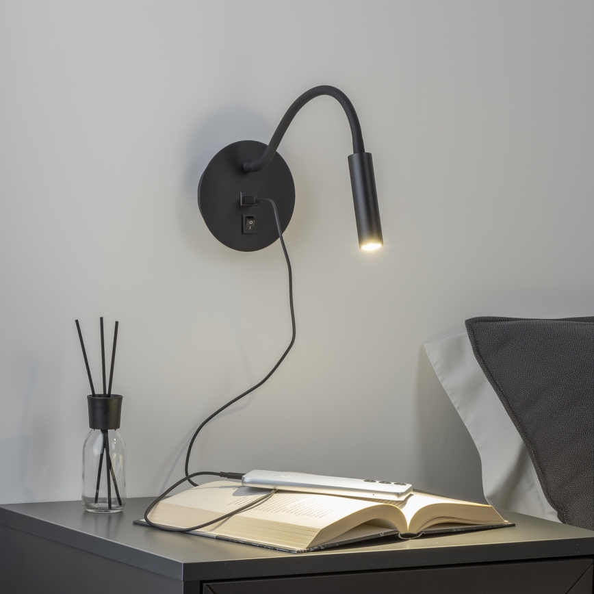 Brilagi - LED Flexibilní nástěnná lampa s USB portem MAYA LED/3W/230V 4000K černá