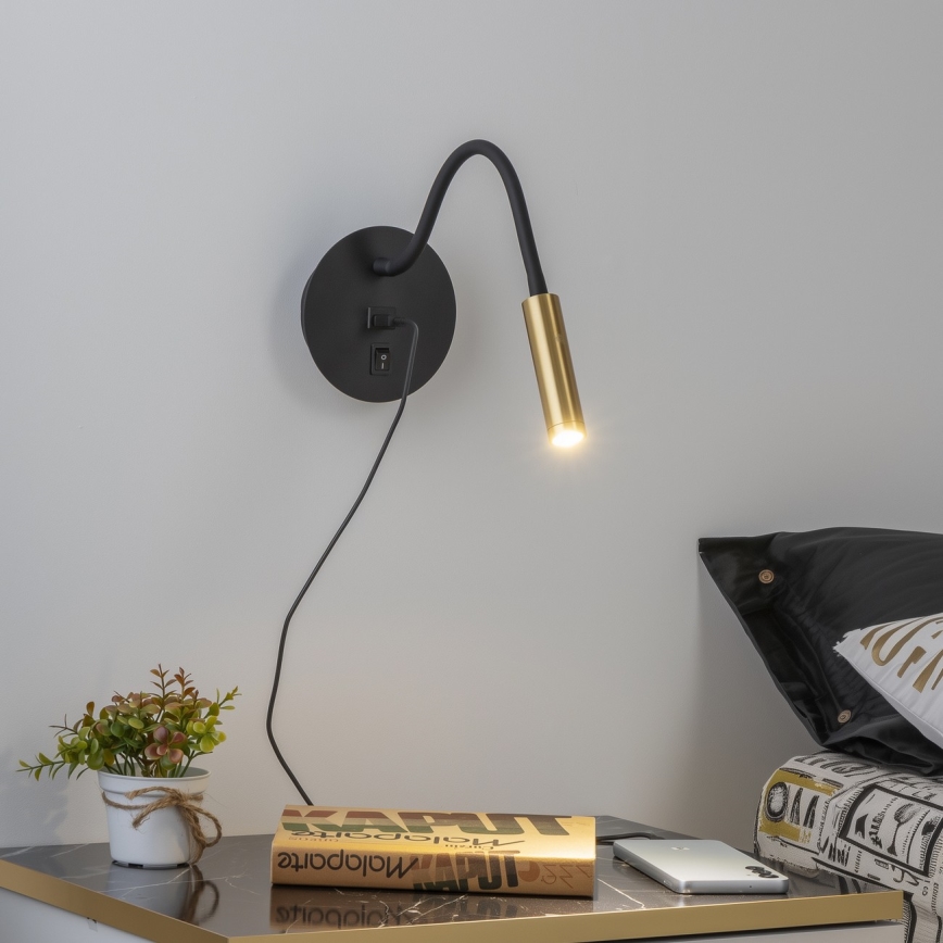 Brilagi - LED Flexibilní nástěnná lampa s USB portem MAYA LED/3W/230V 4000K černá/zlatá