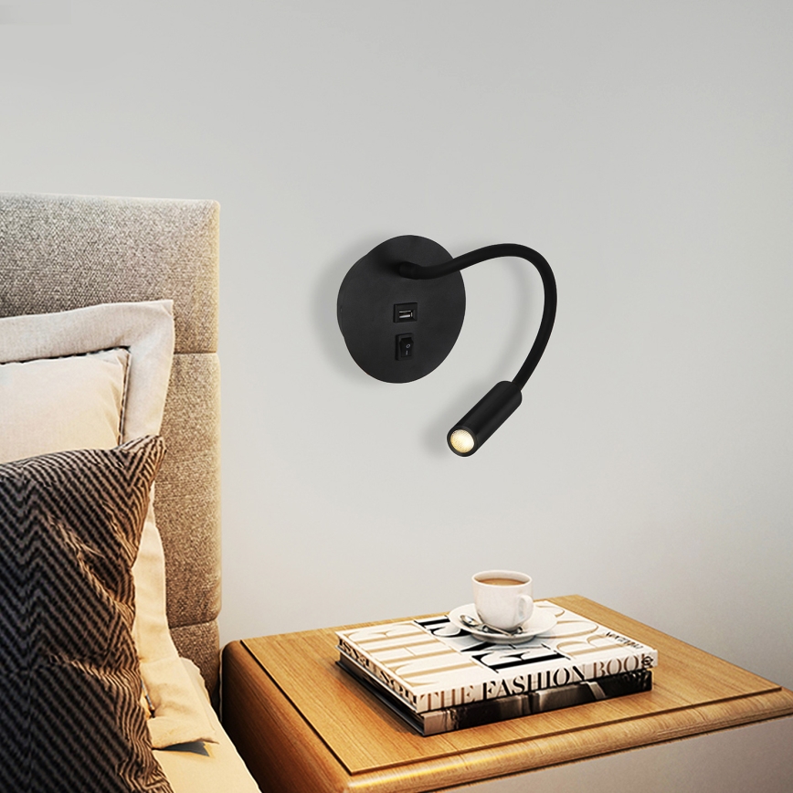 Brilagi - LED Flexibilní nástěnná lampa s USB portem MAYA LED/3W/230V 4000K černá