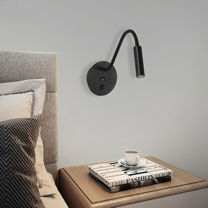 Brilagi - LED Flexibilní nástěnná lampa s USB portem MAYA LED/3W/230V 4000K černá