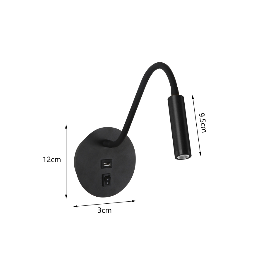 Brilagi - LED Flexibilní nástěnná lampa s USB portem MAYA LED/3W/230V 4000K černá
