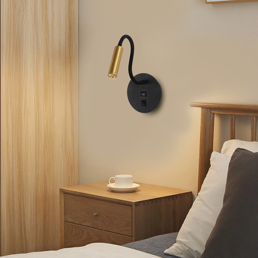 Brilagi - LED Flexibilní nástěnná lampa s USB portem MAYA LED/3W/230V 4000K černá/zlatá