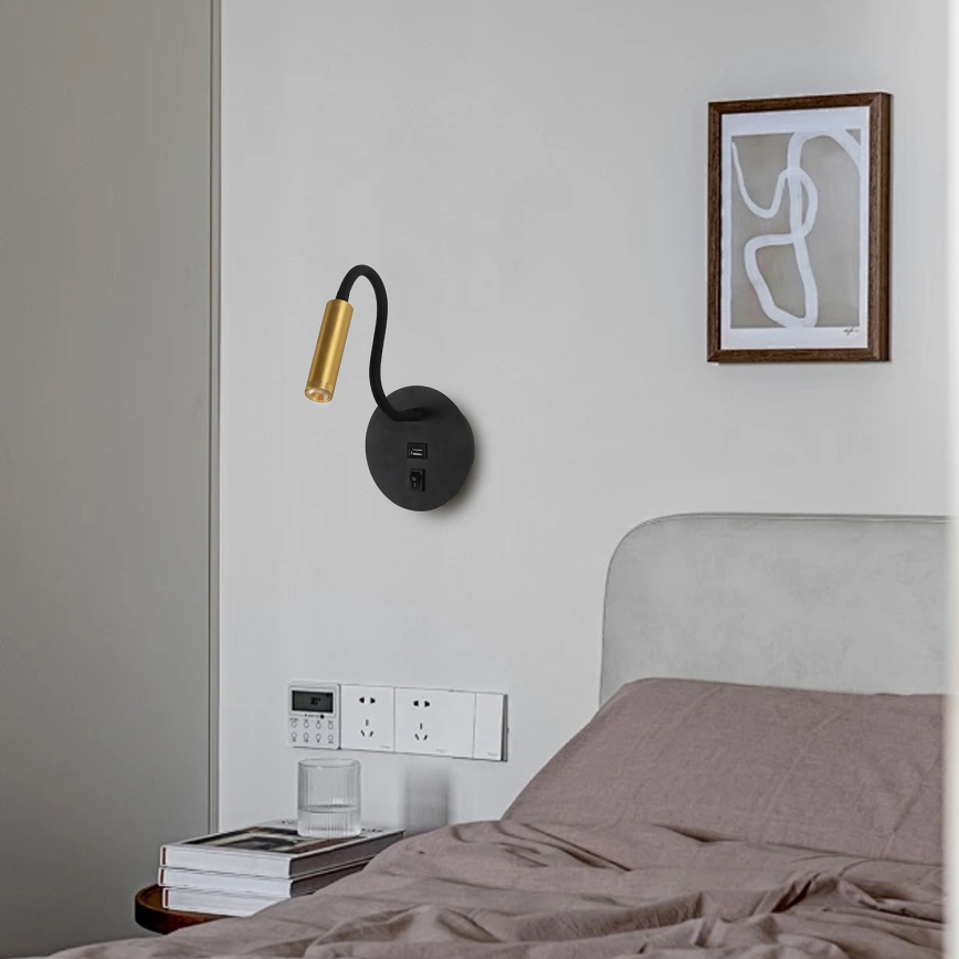 Brilagi - LED Flexibilní nástěnná lampa s USB portem MAYA LED/3W/230V 4000K černá/zlatá