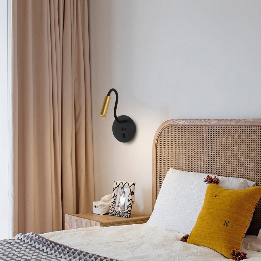 Brilagi - LED Flexibilní nástěnná lampa s USB portem MAYA LED/3W/230V 4000K černá/zlatá