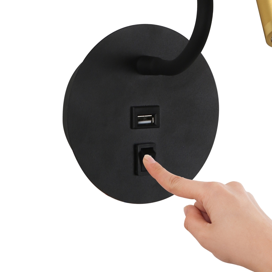 Brilagi - LED Flexibilní nástěnná lampa s USB portem MAYA LED/3W/230V 4000K černá/zlatá