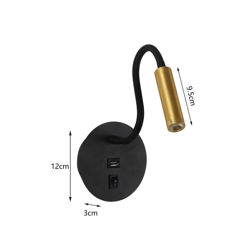 Brilagi - LED Flexibilní nástěnná lampa s USB portem MAYA LED/3W/230V 4000K černá/zlatá