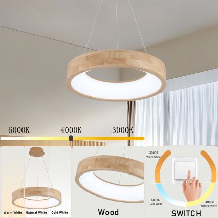 Brilagi - LED Lustr na lanku FALCON WOOD LED/30W/230V 3000/4000/6000K pr. 45 cm dřevo