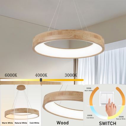 Brilagi - LED Lustr na lanku FALCON WOOD LED/40W/230V 3000/4000/6000K pr. 60 cm dřevo