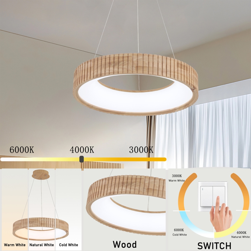 Brilagi - LED Lustr na lanku FALCON WOOD MODERN LED/30W/230V 3000/4000/6000K pr. 45 cm dřevo