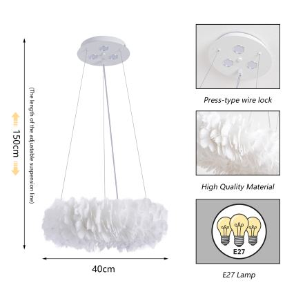 Brilagi - LED Lustr na lanku FEATHER 3xE27/40W/230V + 3xLED/3W pr. 40 cm bílá