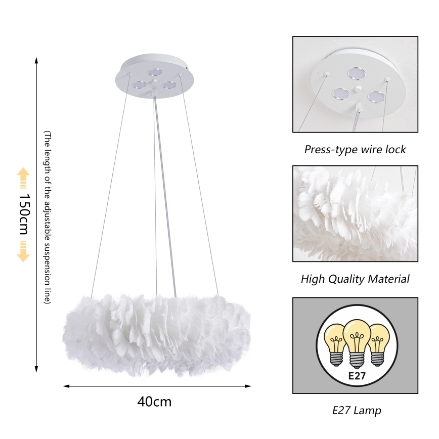 Brilagi - LED Lustr na lanku FEATHER 3xE27/40W/230V + 3xLED/3W pr. 40 cm bílá