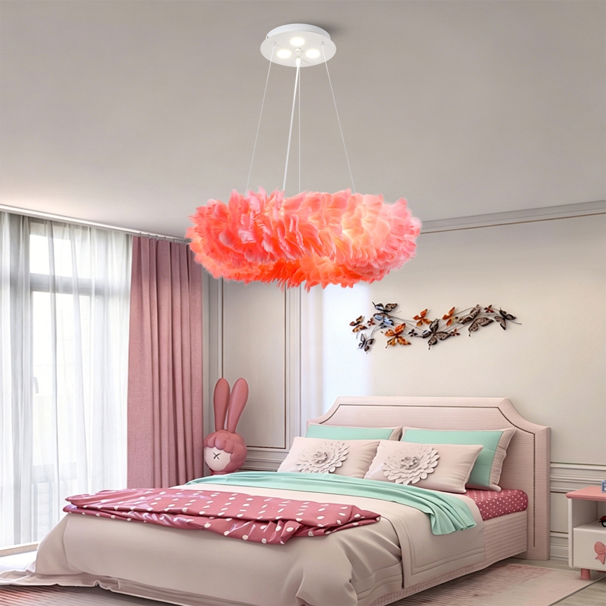 BRILAGI - LED Lustr na lanku FEATHER 3xE27/40W/230V + 3xLED/3W pr. 50 cm růžová