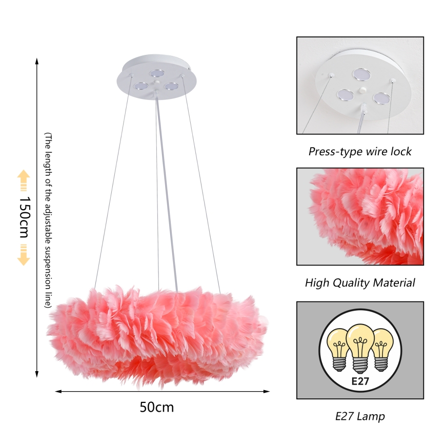 Brilagi - LED Lustr na lanku FEATHER 3xE27/40W/230V + 3xLED/3W pr. 50 cm růžová