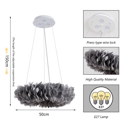 Brilagi - LED Lustr na lanku FEATHER 3xE27/40W/230V + 3xLED/3W pr. 50 cm šedá
